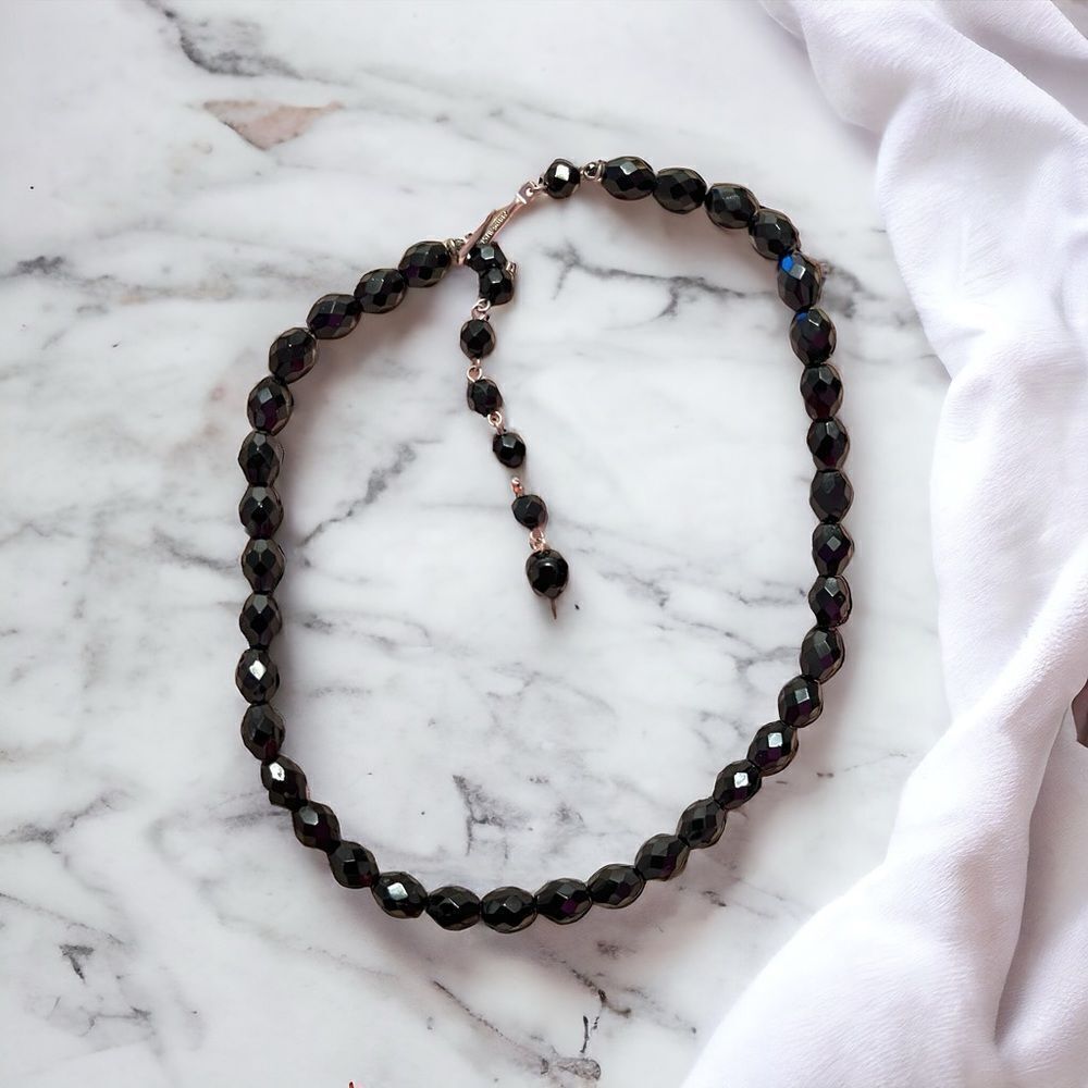 Made Austria Black Faceted Bead Silver Tone Necklace